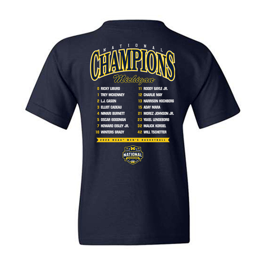 Michigan - NCAA Mens Basketball - National Champions NCAA® March Madness® 2026 Roster List Youth T-Shirt-1