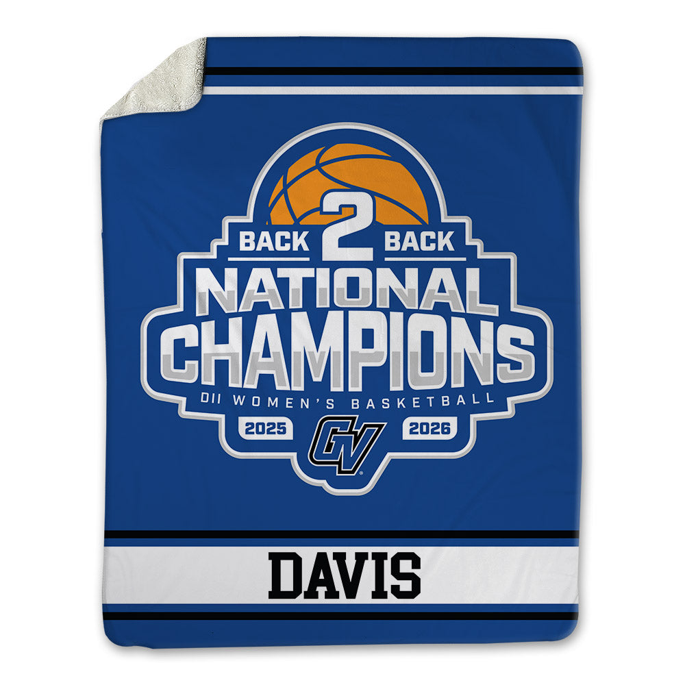 Grand Valley - NCAA Women's Basketball : Anayya Davis - 2026 Back to Back DII National Champions Blanket-0