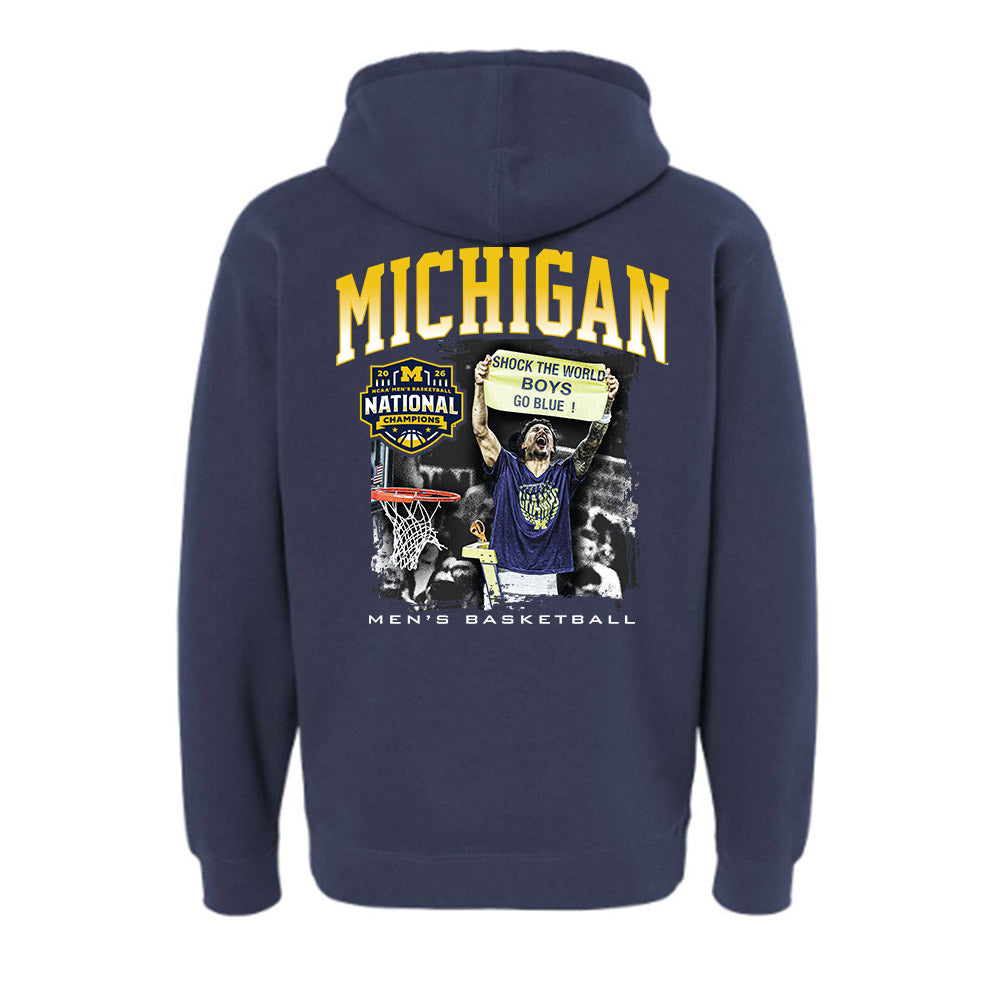 Michigan - NCAA Men's Basketball : National Champions NCAA® March Madness® Shock the World Hooded Pullover Sweatshirt-1