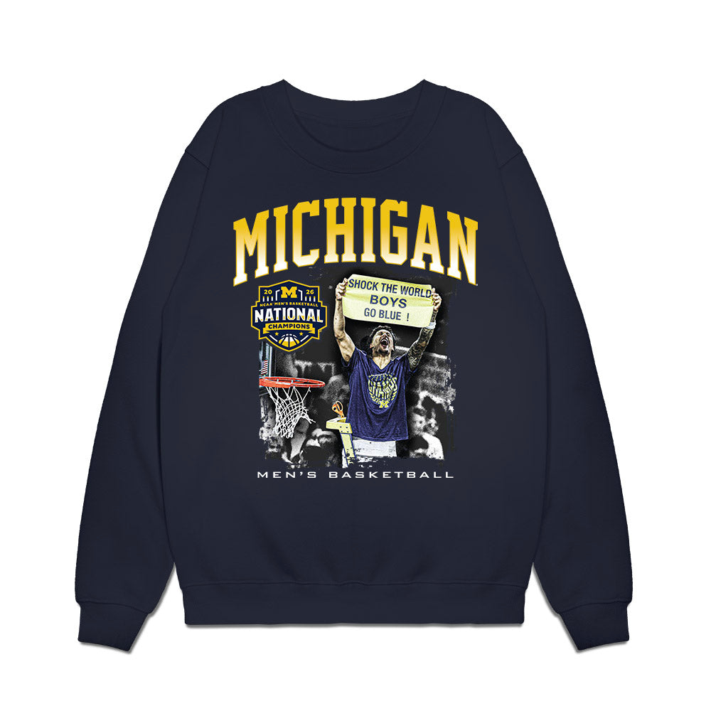 Michigan - NCAA Men's Basketball : National Champions NCAA® March Madness® Shock the World Premium Crewneck Sweatshirt-0