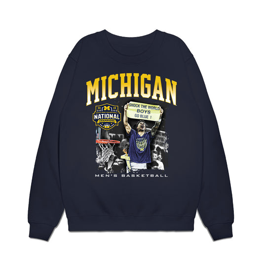 Michigan - NCAA Men's Basketball : National Champions NCAA® March Madness® Shock the World Premium Crewneck Sweatshirt-0