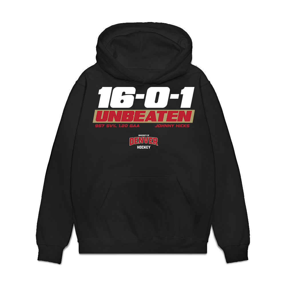 DU - NCAA Men's Ice Hockey : Johnny Hicks - Unbeaten Premium Hooded Sweatshirt-0