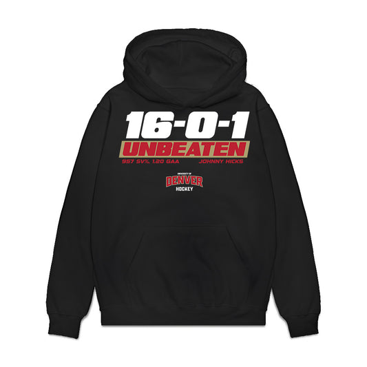 DU - NCAA Men's Ice Hockey : Johnny Hicks - Unbeaten Premium Hooded Sweatshirt-0