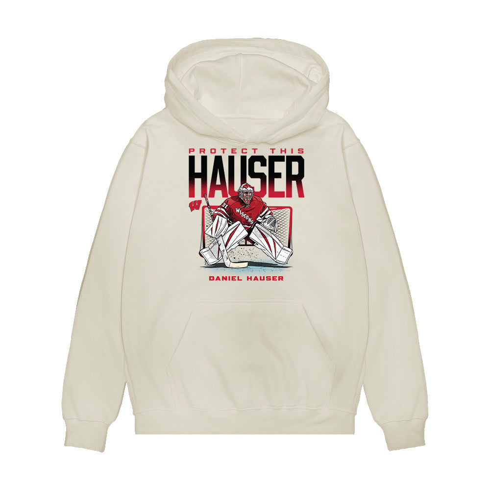 Wisconsin - NCAA Men's Ice Hockey : Daniel Hauser - PROTECT THIS HAUSER Premium Hooded Sweatshirt-0
