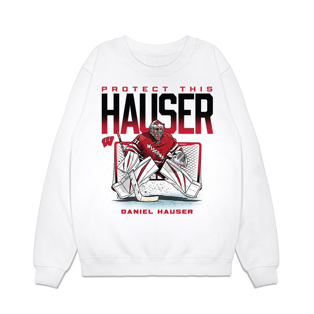 Wisconsin - NCAA Men's Ice Hockey : Daniel Hauser - PROTECT THIS HAUSER Premium Crewneck Sweatshirt-0