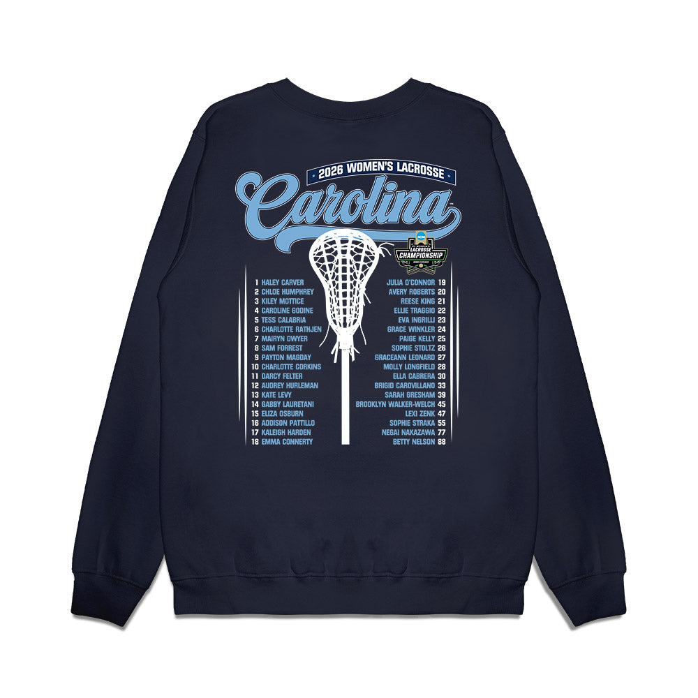 UNC - NCAA Women's Lacrosse : 2026 NCAA Championship Roster List Premium Crewneck Sweatshirt-1