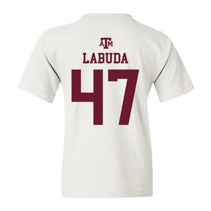 Texas A&M - NCAA Baseball : Blake Labuda - White Out 2026 Youth T-Shirt-1