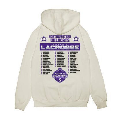Northwestern - NCAA Womens Lacrosse : National Champions 2026 Roster Premium Hooded Sweatshirt-1