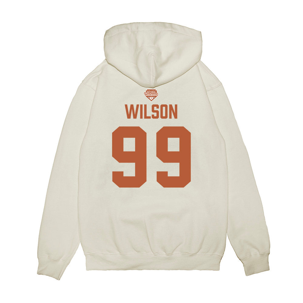 Texas - NCAA Softball : Drea Wilson - National Champions 2026 Texas State Outline Premium Hooded Sweatshirt-1