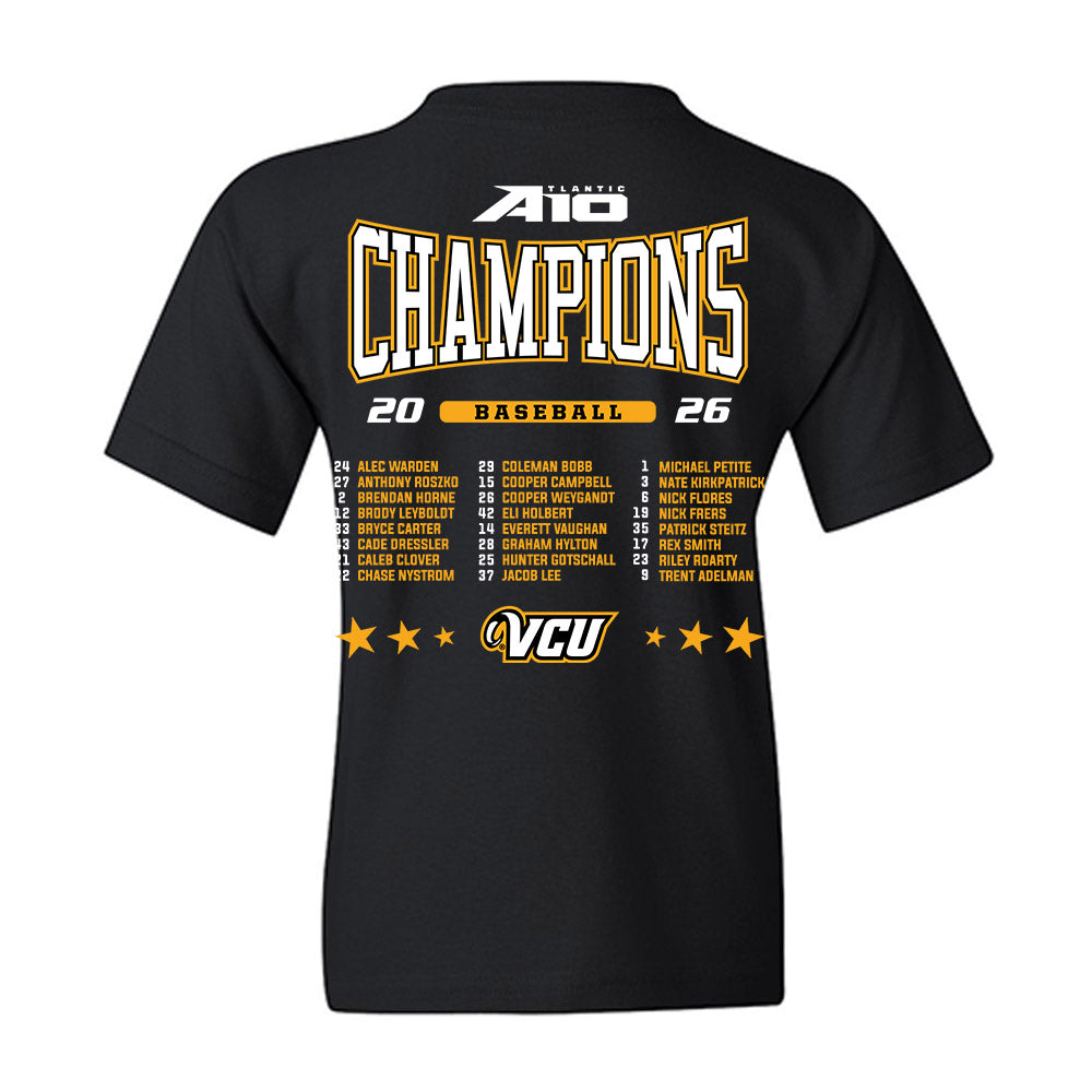 VCU - NCAA Baseball : A10 Champion Roster List Youth T-Shirt-1