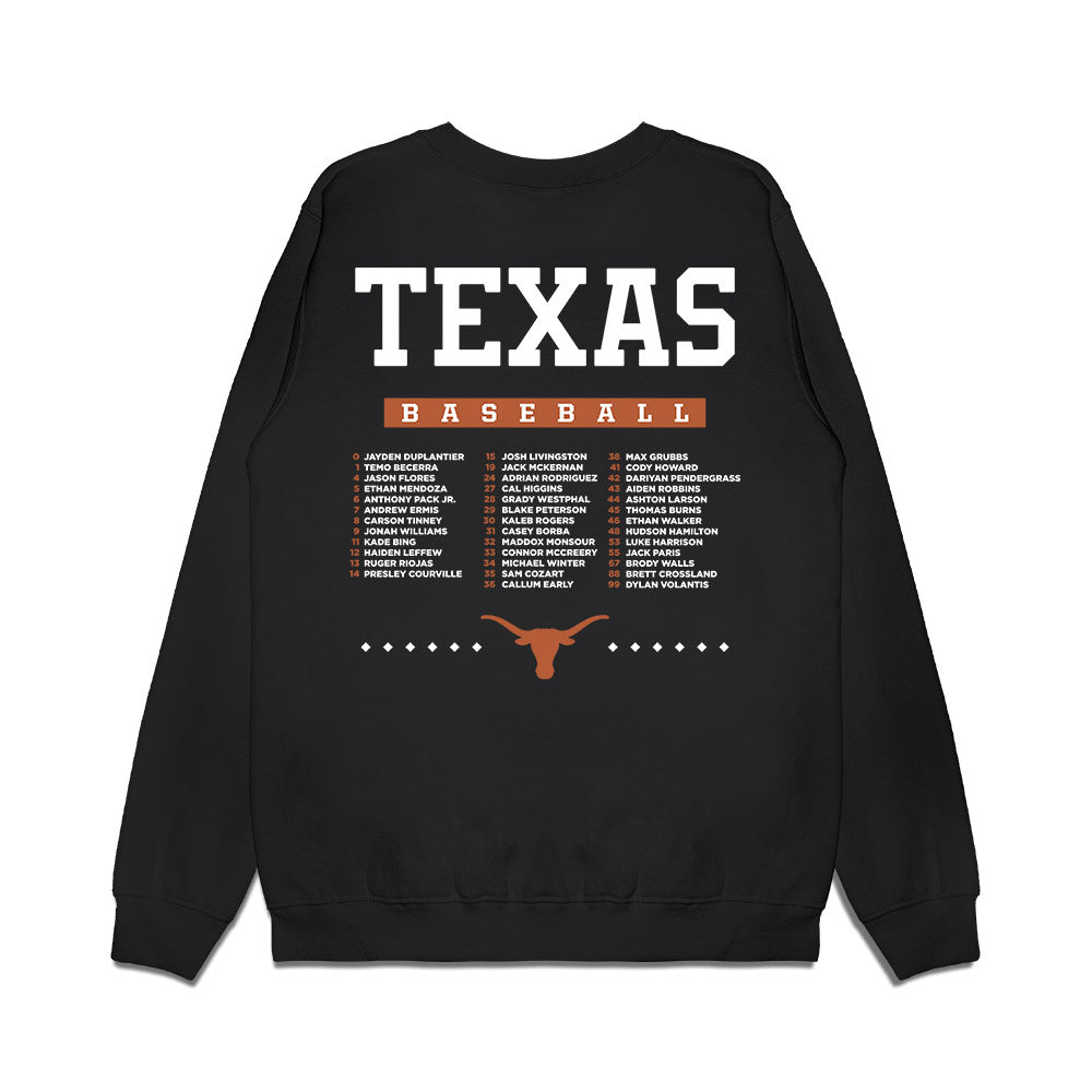 Texas - NCAA Baseball : 2026 College World Series Roster List Premium Crewneck Sweatshirt-1