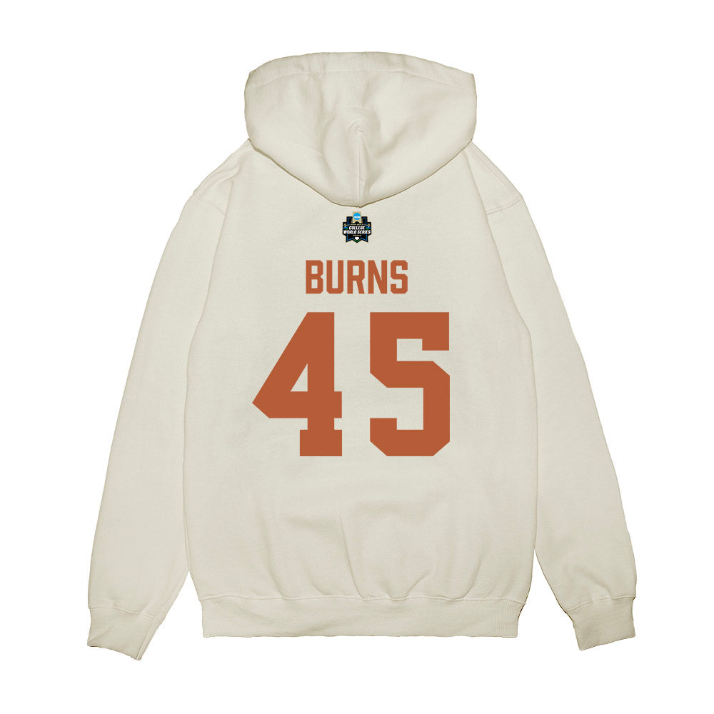 Texas - NCAA Baseball : Thomas Burns - 2026 College World Series Texas Outline Premium Hooded Sweatshirt-1