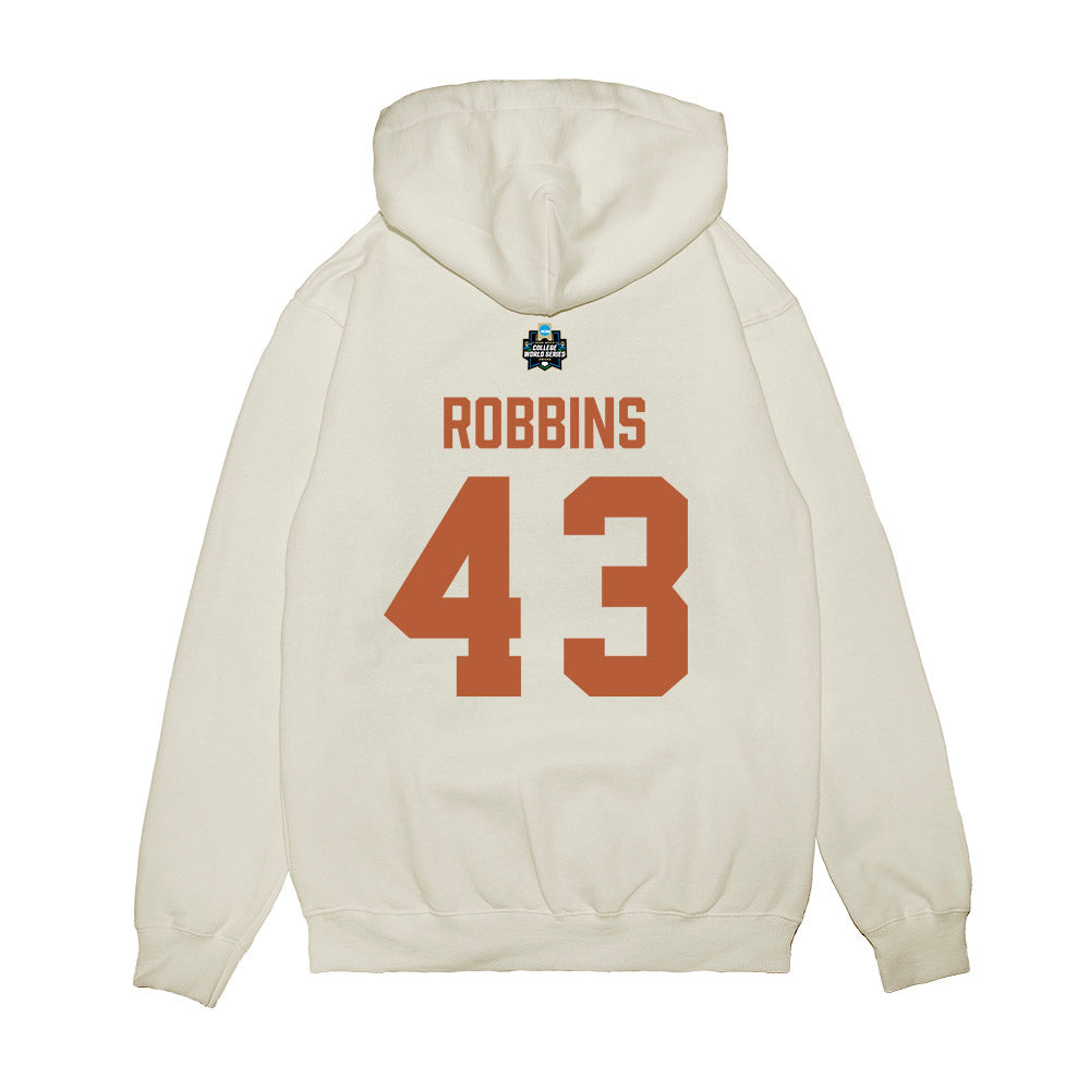 Texas - NCAA Baseball : Aiden Robbins - 2026 College World Series Texas Outline Premium Hooded Sweatshirt-1
