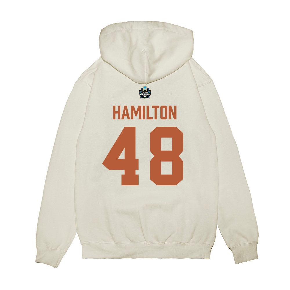 Texas - NCAA Baseball : Hudson Hamilton - 2026 College World Series Texas Outline Premium Hooded Sweatshirt-1