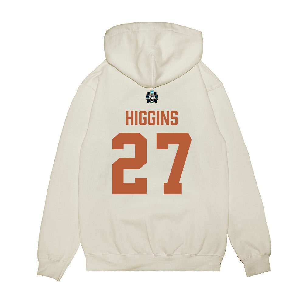 Texas - NCAA Baseball : Cal Higgins - 2026 College World Series Texas Outline Premium Hooded Sweatshirt-1