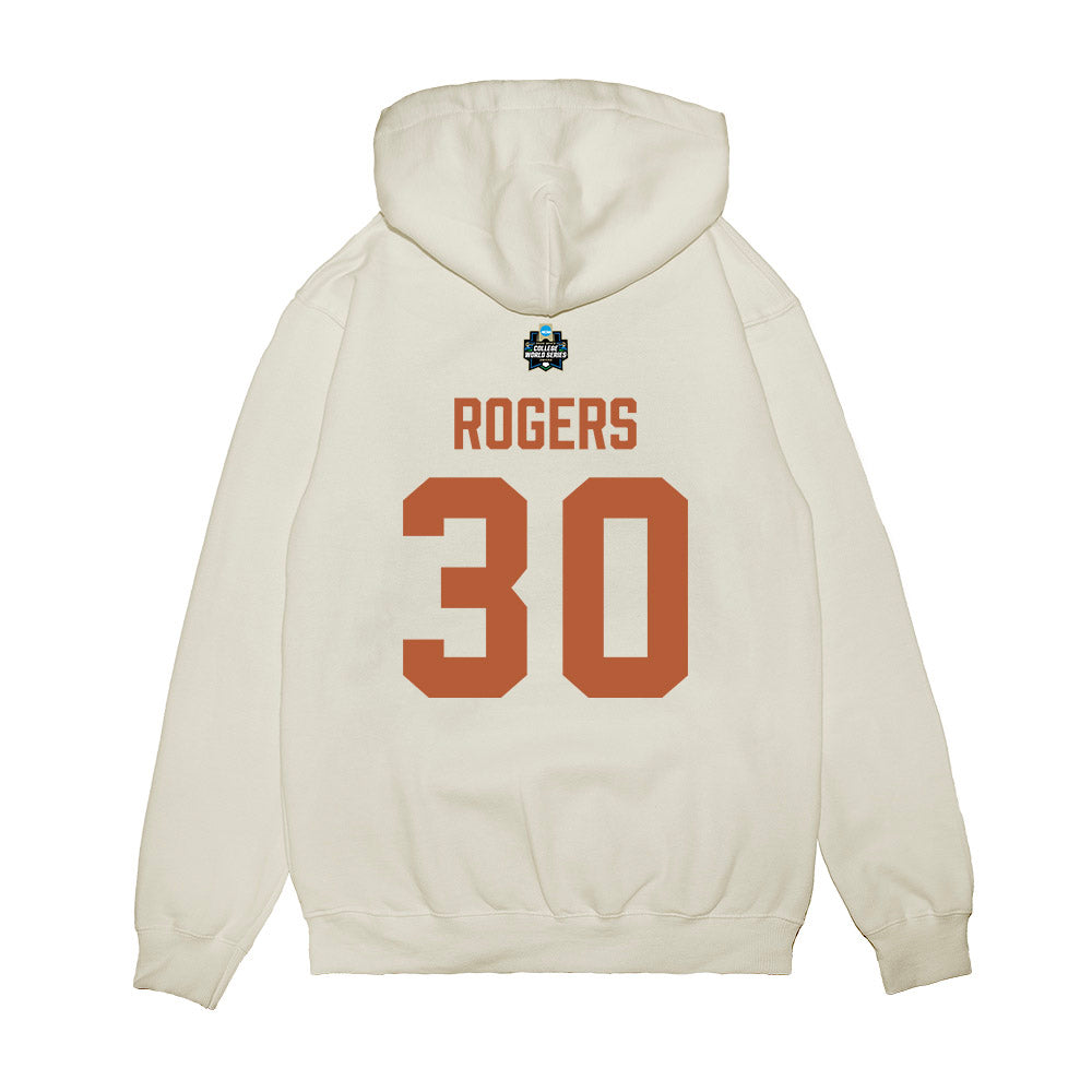 Texas - NCAA Baseball : Kaleb Rogers - 2026 College World Series Texas Outline Premium Hooded Sweatshirt-1