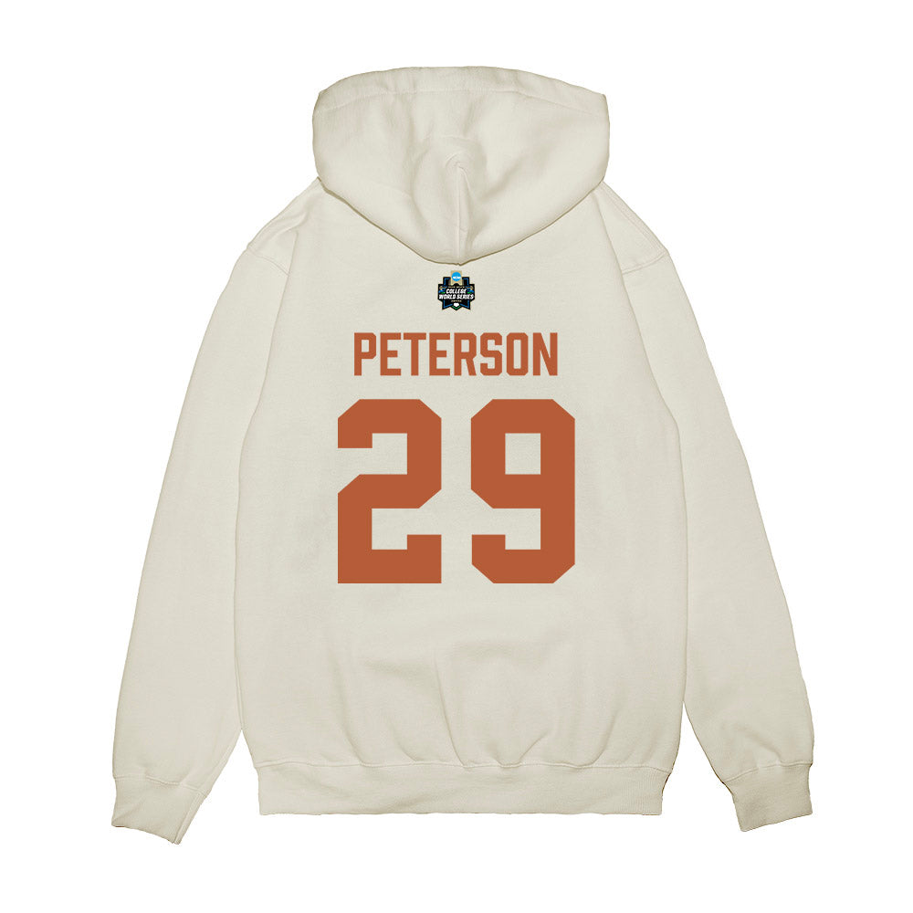 Texas - NCAA Baseball : Blake Peterson - 2026 College World Series Texas Outline Premium Hooded Sweatshirt-1