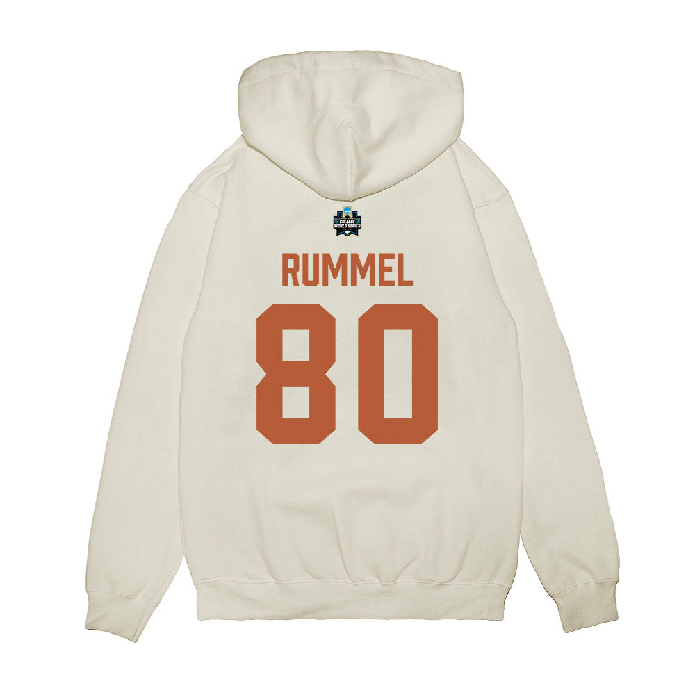 Texas - NCAA Baseball : Cooper Rummel - 2026 College World Series Texas Outline Premium Hooded Sweatshirt-1