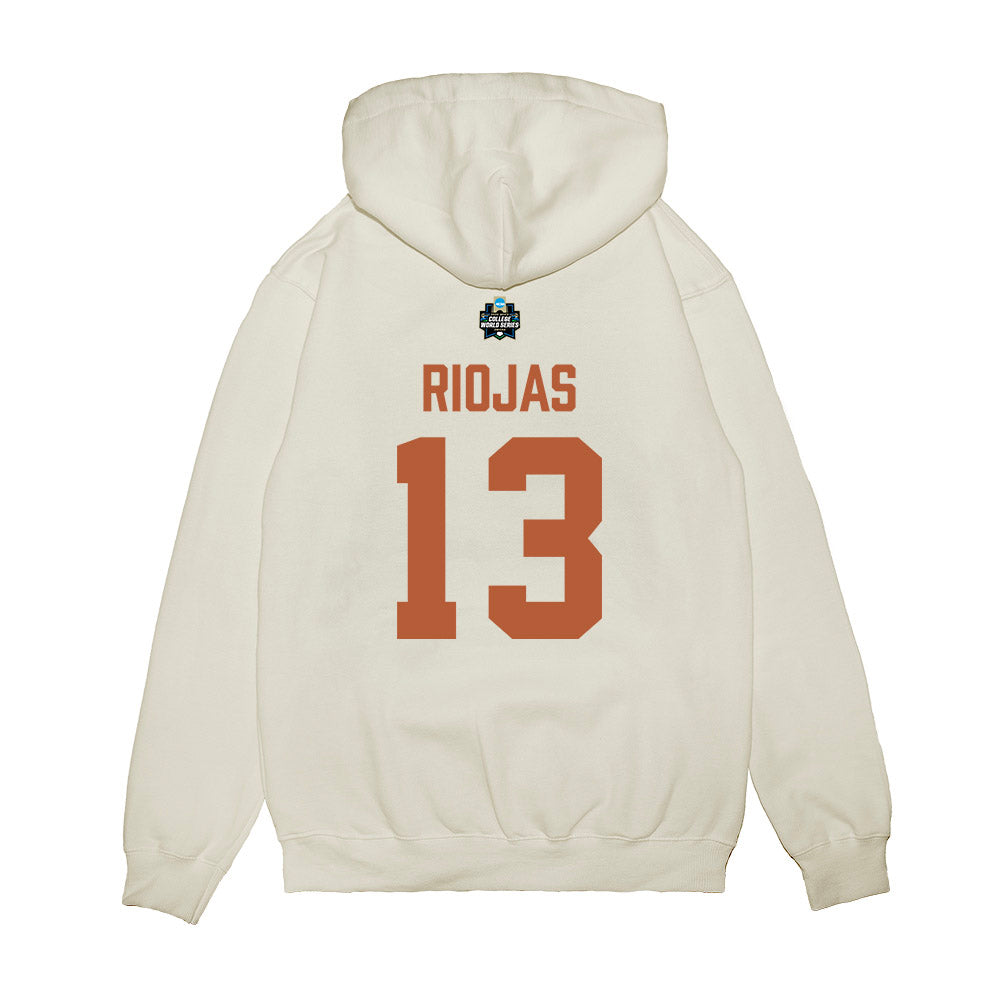 Texas - NCAA Baseball : Ruger Riojas - 2026 College World Series Texas Outline Premium Hooded Sweatshirt-1