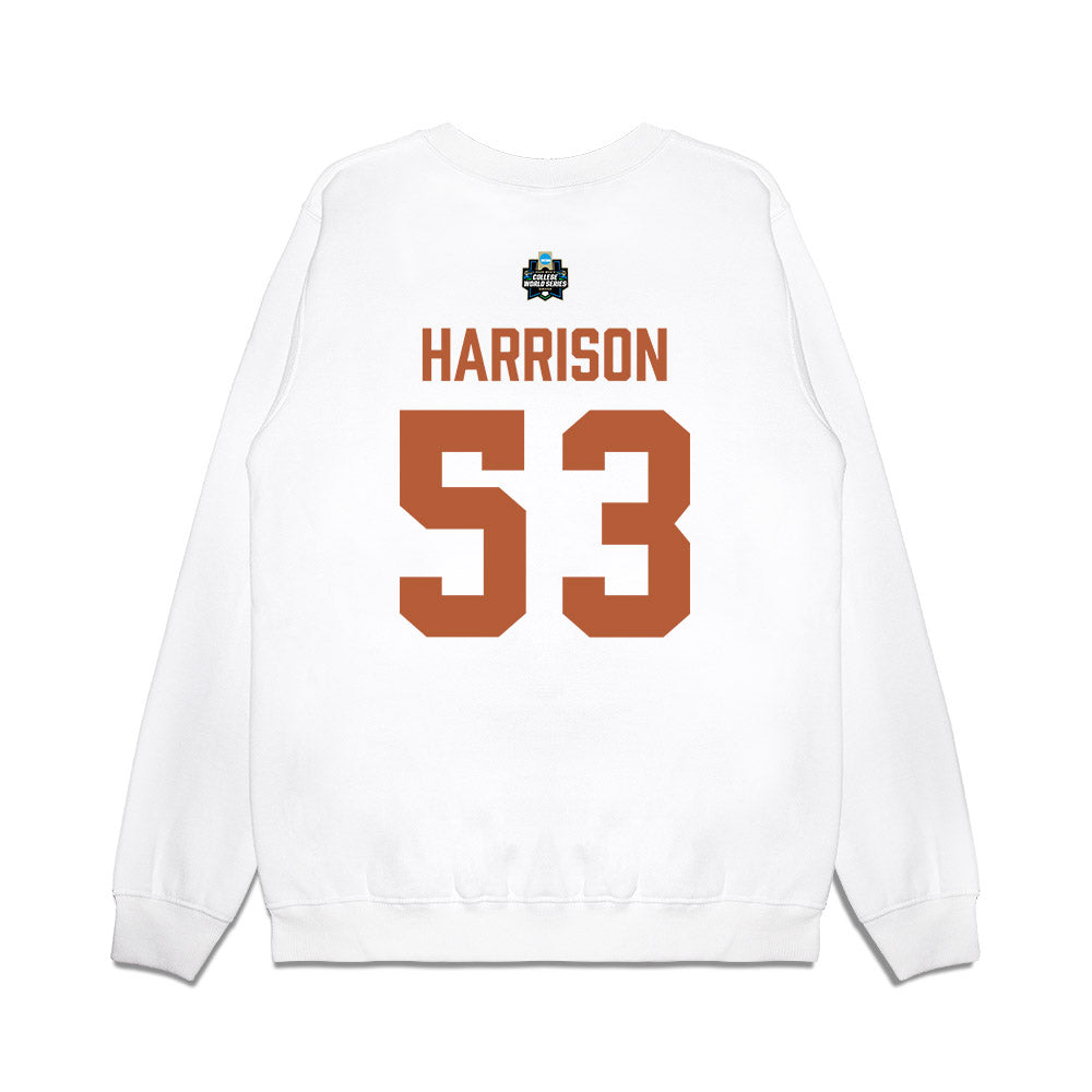 Texas - NCAA Baseball : Luke Harrison - 2026 College World Series Texas Outline Premium Crewneck Sweatshirt-1