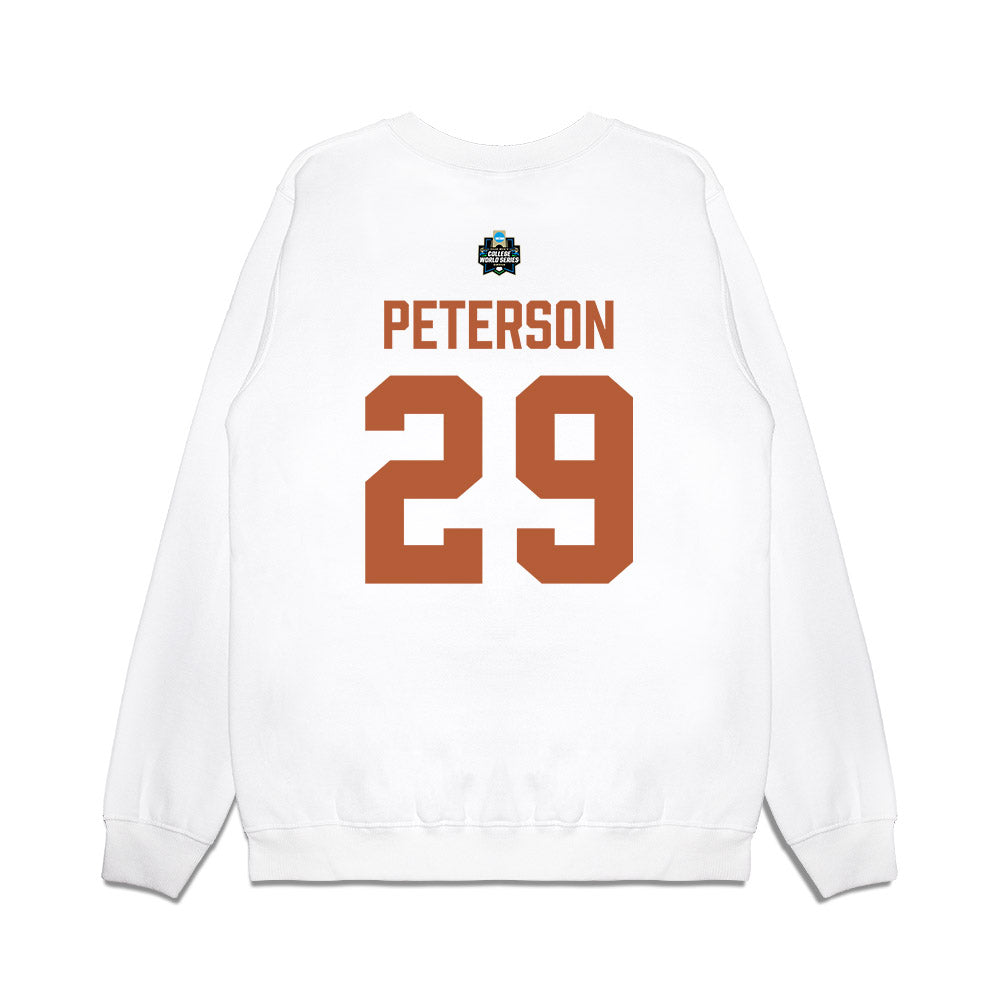 Texas - NCAA Baseball : Blake Peterson - 2026 College World Series Texas Outline Premium Crewneck Sweatshirt-1