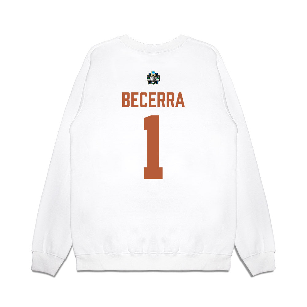 Texas - NCAA Baseball : Temo Becerra - 2026 College World Series Texas Outline Premium Crewneck Sweatshirt-1