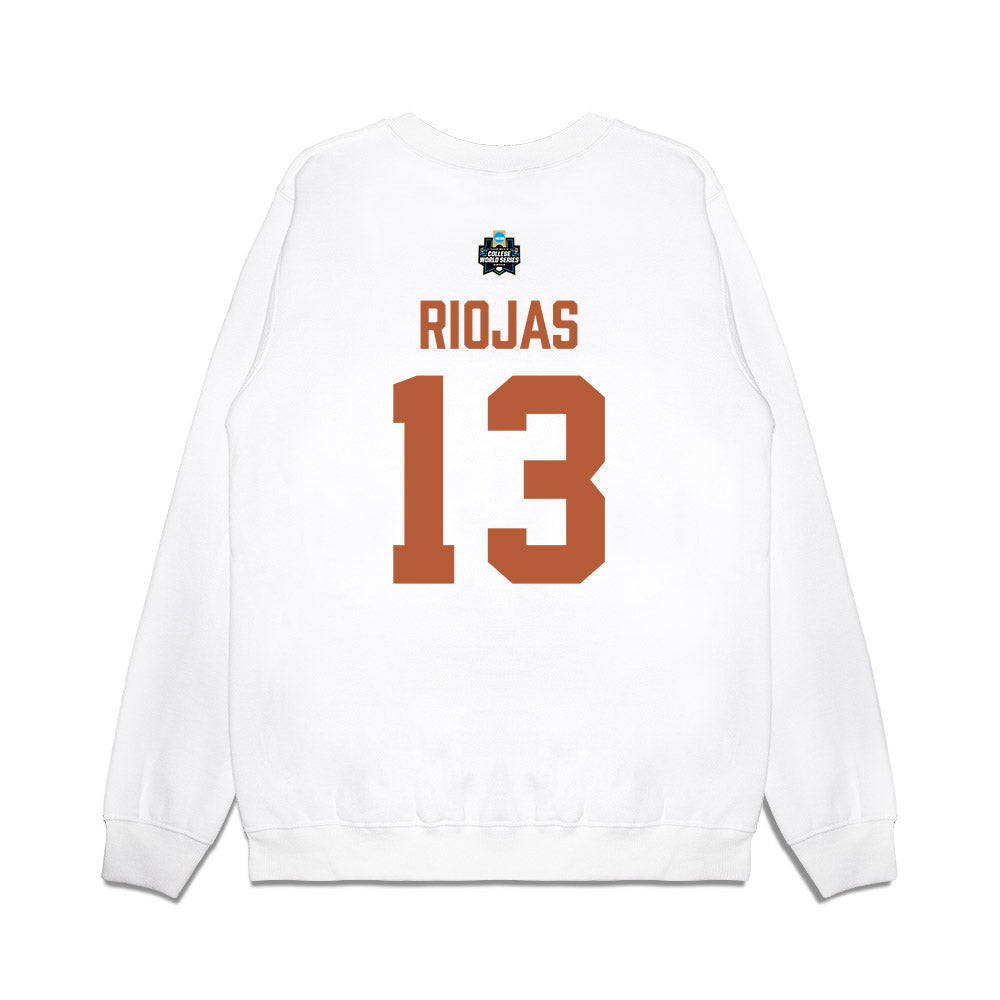 Texas - NCAA Baseball : Ruger Riojas - 2026 College World Series Texas Outline Premium Crewneck Sweatshirt-1