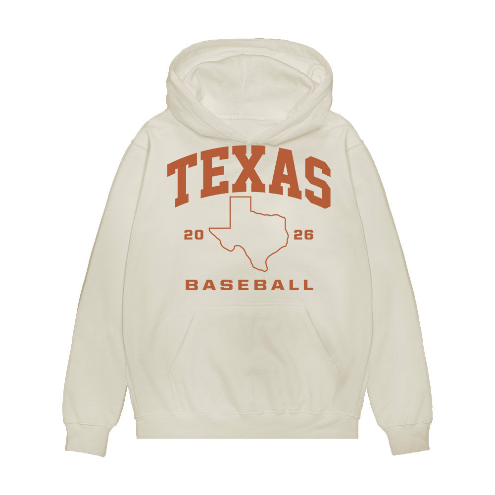 Texas - NCAA Baseball : Ethan Walker - 2026 College World Series Texas Outline Premium Hooded Sweatshirt-0