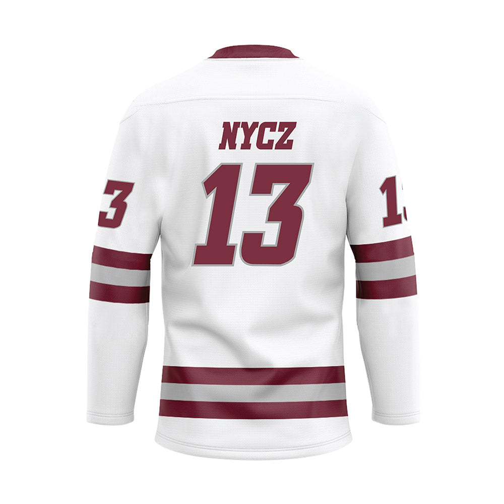 UMass - NCAA Men's Ice Hockey : Landon Nycz - White Hockey Jersey-1