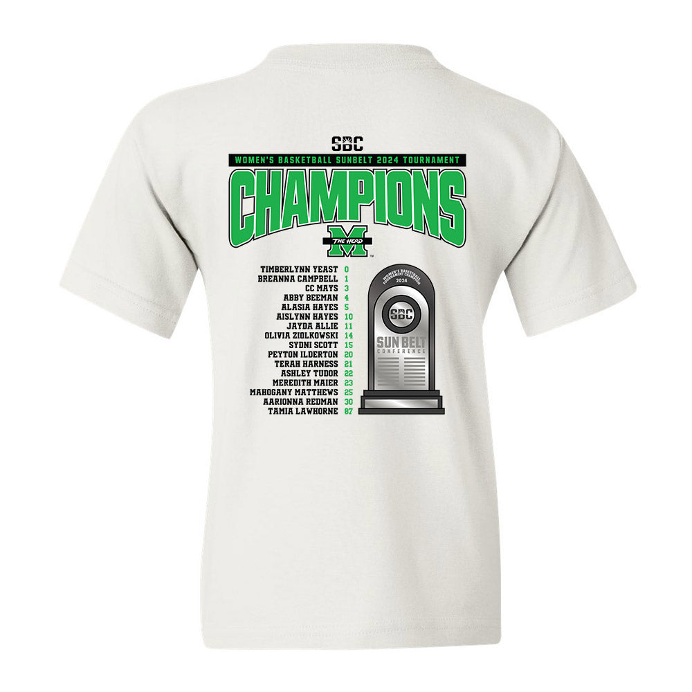 Marshall - NCAA Women's Basketball : 2024 Sunbelt Tournament Champions - Youth T-Shirt Roster Shirt